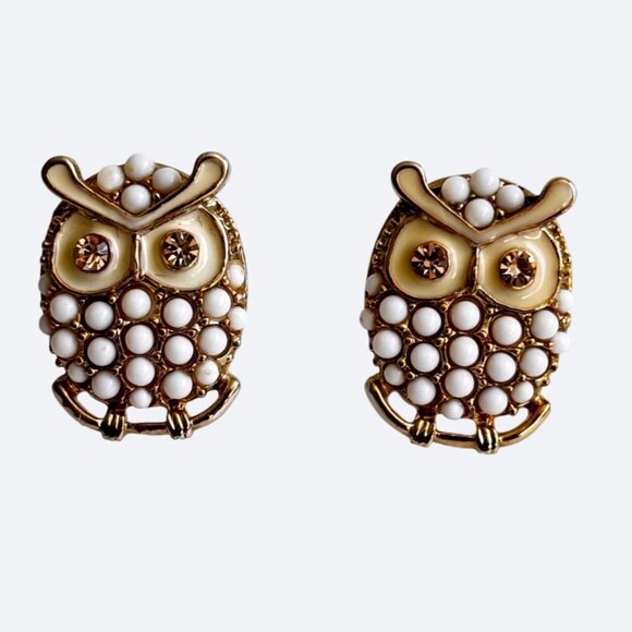 Vintage Owl Earrings Stud Gold Tone Rhinestones Enamel Metal 0.75" Fall Glamor - Picture 1 of 4